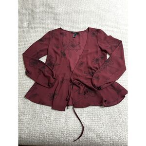 Forever 21 Wine Floral Tie Front Blouse S Fairy Grunge Romantic Witchy Aesthetic